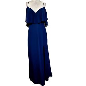 Navy Blue Off the Shoulder Spaghetti Strap Chiffon Maxi Dress Size 10